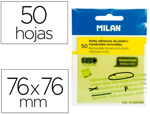 [166644] Bloc de notas adhesivas quita y pon milan 76x76 mm removible plastico translucido amarillo fluor 50 hojas