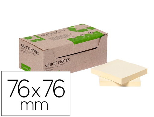 [166206] Bloc de notas adhesivas quita y pon q-connect 76x76 mm 100% papel reciclado amarillo en caja de carton