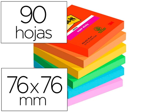 [166187] Bloc de notas adhesivas quita y pon post-it super sticky playful 76x76 mm 90 hojas 100% pefc pack de 6 unidades