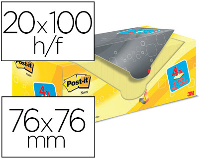 [63081] Bloc de notas adhesivas quita y pon post-it amarillo canario 76x76 mm pack promocional 16+4 gratis