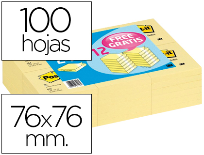 [51903] Bloc de notas adhesivas quita y pon post-it 76x76 mm pack promocional 24+12 unidades