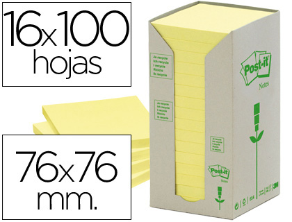 [38149] Bloc de notas adhesivas quita y pon reciclada en torre post-it 76 x 76 mm 16 blocs 654 reciclado