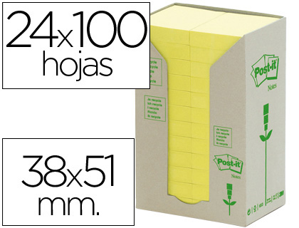 [38148] Bloc de notas adhesivas quita y pon reciclada en torre post-it 38 x 51 mm 24 blocs 653 reciclado