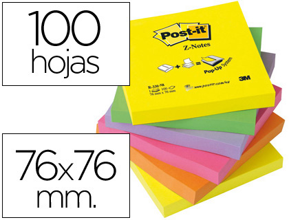 [29392] Bloc de notas adhesivas quita y pon post-it 76x76 mm z-notesultra intenso pack de 6 blocs surtido