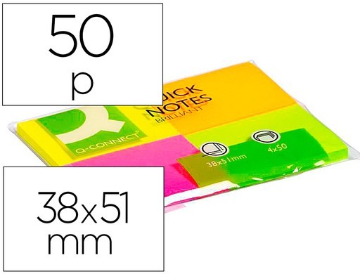 [28601] Bloc de notas adhesivas quita y pon q-connect 38x51 mm con 50 hojas fluorescentes pack de 4 unidades