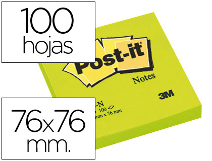 [27300] Bloc de notas adhesivas quita y pon post-it 76x76 mm verde neon con 100 hojas