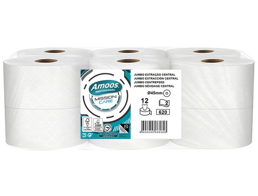 [171075] Papel higienico amoos jumbo industrial mission care extraccion central 2 capas 33g/m2 paquete de 12 rollos