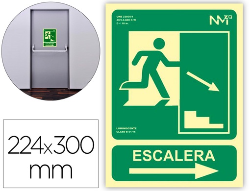 [160657] Pictograma archivo 2000 salida emergencia escalera baja derecha pvc verde luminiscente 224x300 mm