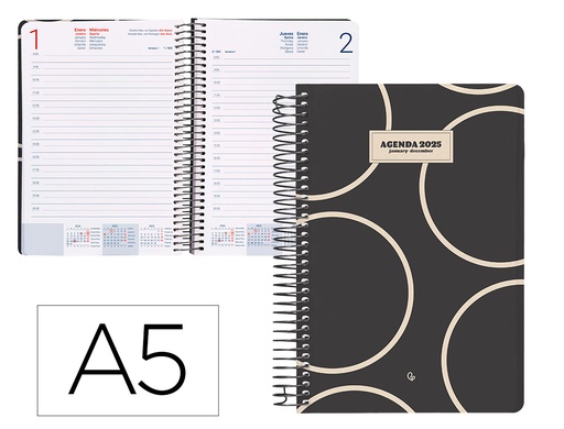 [170388] Agenda espiral liderpapel classic a5 2025 dia pagina blanco y negro 2 papel 70 gr