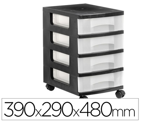 [165090] Cajonera archivo 2000 4 cajones transparente carcasa negra 6 litros con ruedas 390x290x480 mm