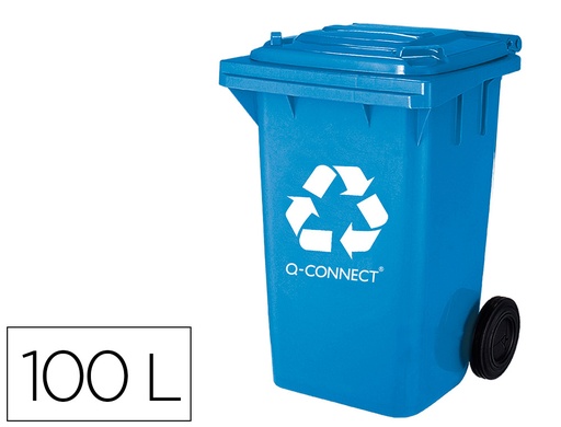 [72483] Papelera contenedor q-connect plastico azul para papel y carton 100l con tapa y ruedas 750x470x370 mm