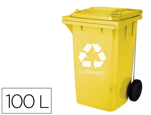 [72482] Papelera contenedor q-connect plastico amarillo para plasticos y envases metalicos 100l con tapa y ruedas 750x470x370 mm