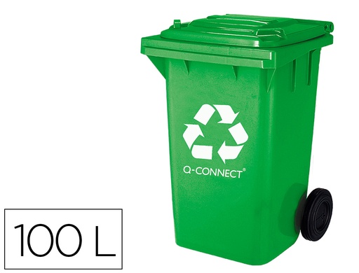 [72481] Papelera contenedor q-connect plastico verde para envases de vidrio 100l con tapa y ruedas 750x470x370 mm