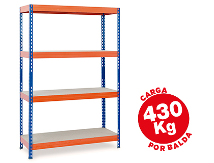 [58567] Estanteria metalica ar storage 200x100x60cm 4 estantes 430kg por estante bandejas de maderasin tornillos azul naranja