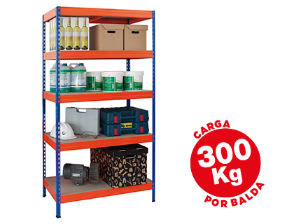 [58566] Estanteria metalica ar storage 192x100x50cm 5 estantes 300kg por estante bandejas de madera sin tornillos azul/naranja