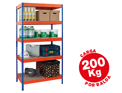 [58565] Estanteria metalica ar storage 180x90x45 cm 5 estantes 200kg por estante bandejas de maderasin tornillos azul naranja