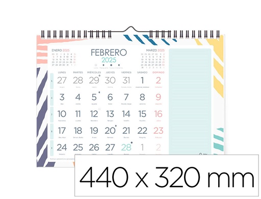 [170639] Calendario espiral pared liderpapel joven 2025 numeros grandes 44x32 cm papel 128 gr con pegatinas