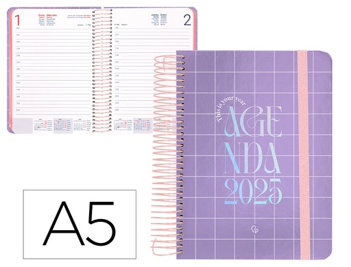 [170429] Agenda espiral liderpapel kymolos a5 2025 dia pagina malva papel 70 gr