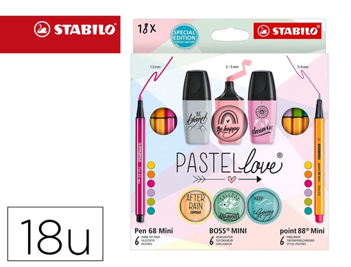 [167477] Set stabilo pastel love mini world pen 68 / point 88 / boss 18 unidades surtidas