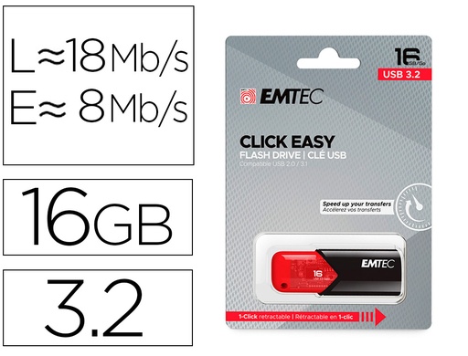 [166608] Memoria emtec usb 3.2 click easy 16 gb rojo